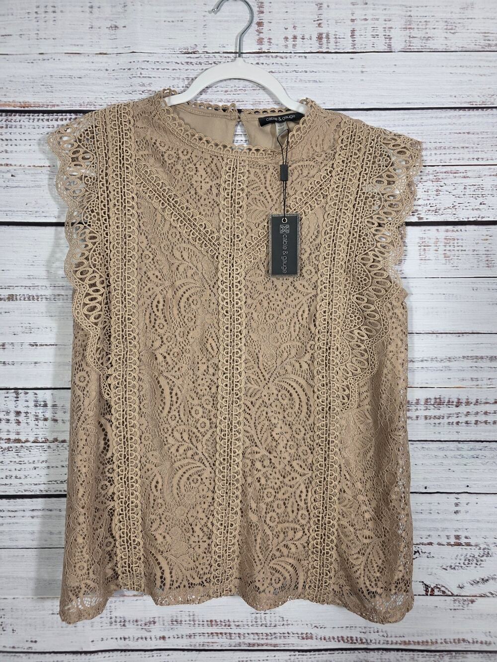 Cable & Gauge Lace Blouse Large Taupe Crochet Lace Top Cap Sleeve NWT